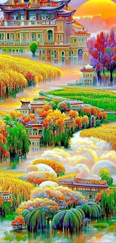 Vibrant fantasy landscape art with colorful trees and architecture.