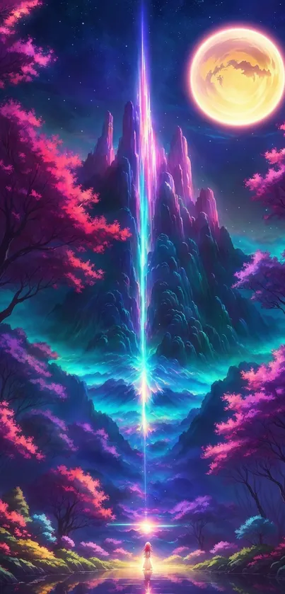 Vibrant neon fantasy mountain and sky wallpaper.