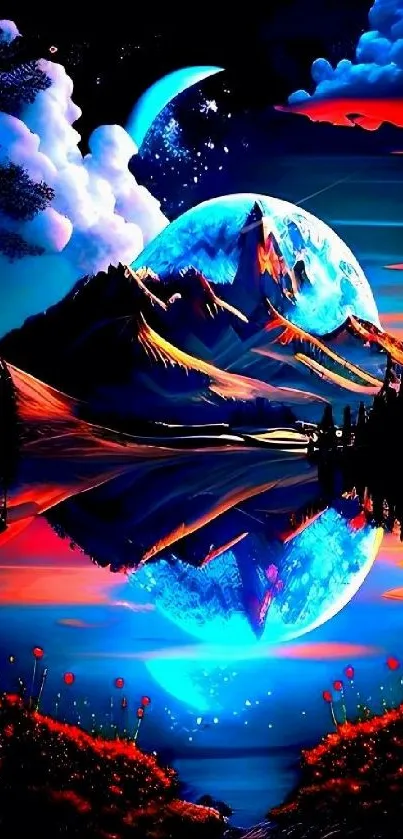 Vibrant fantasy landscape with a moonlit night sky.