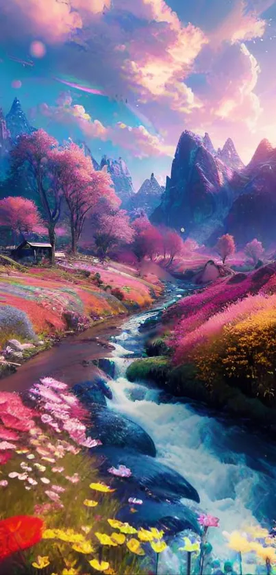 Vibrant fantasy landscape with mountains and colorful flowers.