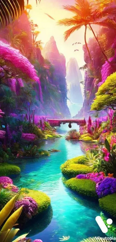 Vibrant fantasy landscape with tropical foliage and serene water.