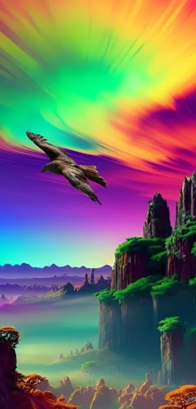 Vibrant fantasy landscape with colorful skies and lush greenery.
