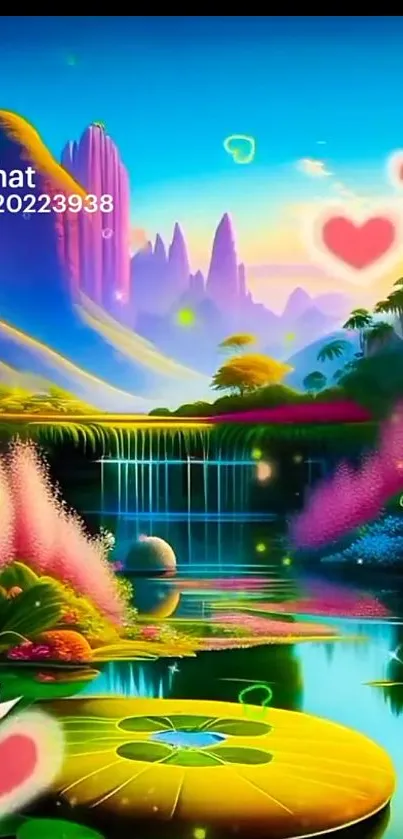 Vibrant fantasy landscape with waterfall and colorful lilies.