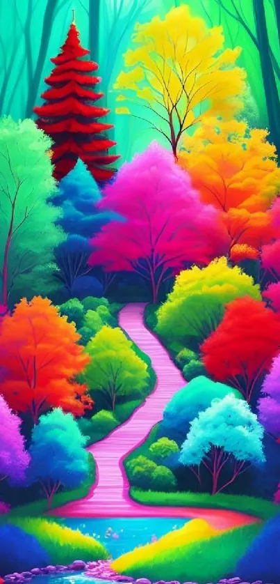 Colorful fantasy landscape with vibrant trees and a winding path.
