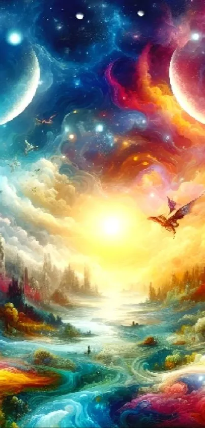 Fantasy landscape with vibrant dragons and dual moons in cosmic setting.