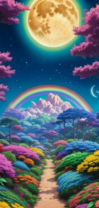 Vibrant fantasy landscape with moon, rainbow, and colorful trees.