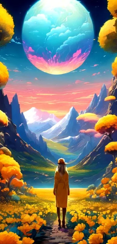 A vibrant fantasy landscape with colorful trees and a celestial view.