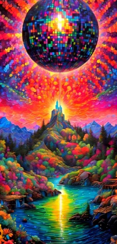 Vibrant fantasy landscape with disco ball and colorful scenery.