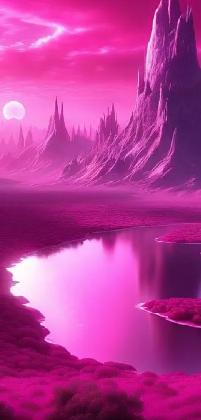 A vibrant fantasy landscape with pink mountains and a serene lake under a full moon.