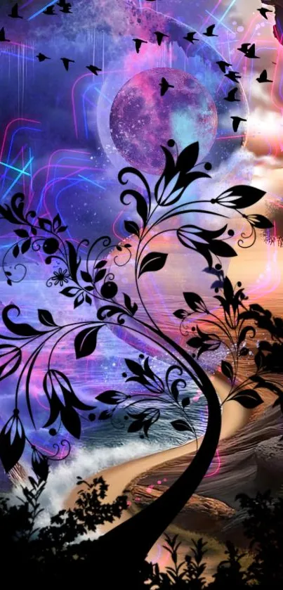 Vibrant fantasy wallpaper with neon lights.