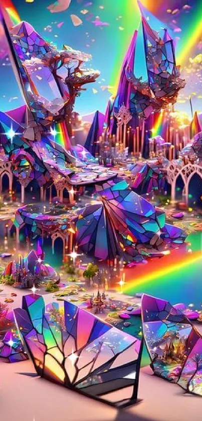 Vibrant fantasy landscape with colorful 3D elements and kaleidoscope of colors.