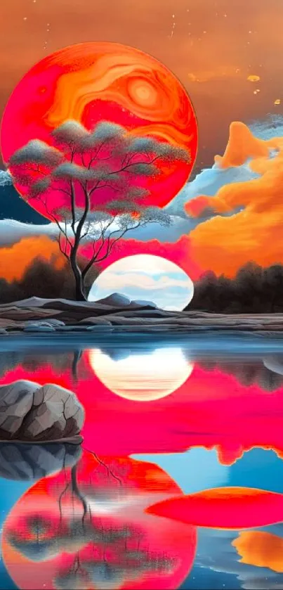 Fantasy landscape with glowing sunset and mirrored reflection on water.