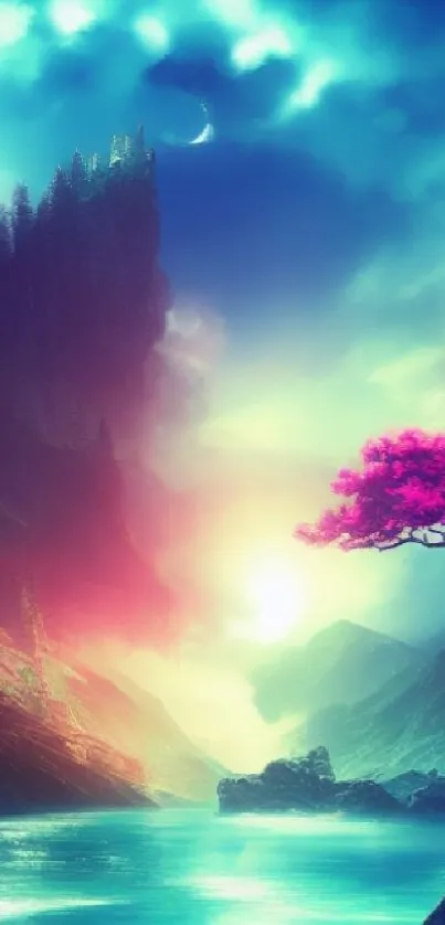 Fantasy landscape wallpaper with vibrant colors and mystical mountains under a luminous sky.