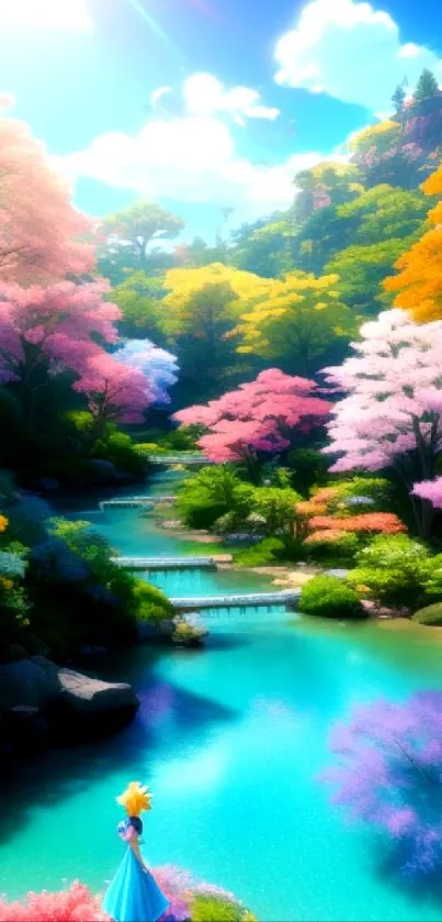 Vibrant fantasy landscape with colorful trees and a serene, bright blue river.