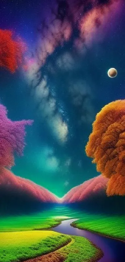 Fantasy landscape with colorful trees, river, and starry sky.