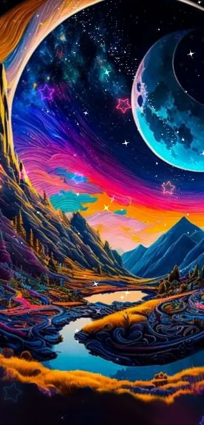 Vibrant fantasy landscape with colorful moons and mountains.