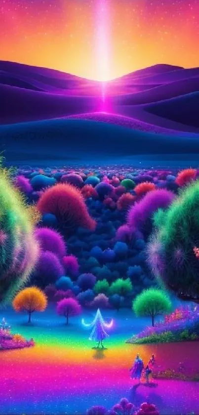 Colorful mystical landscape with neon hues.