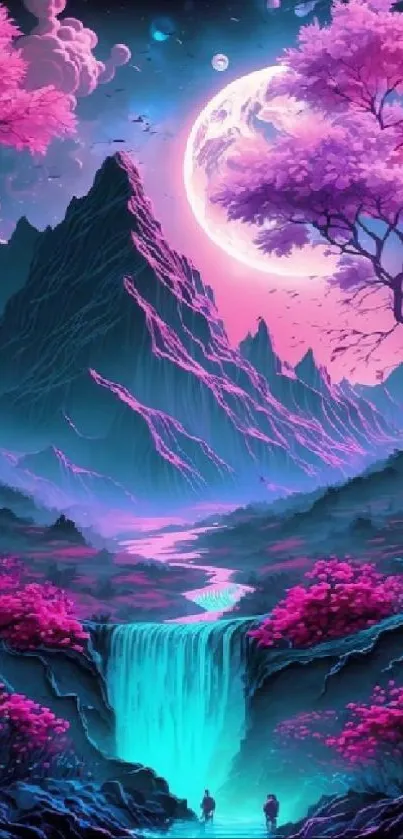 Fantasy landscape wallpaper with mountains, waterfalls, and neon colors.