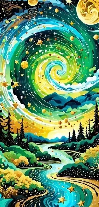 Mystical forest landscape with swirling celestial sky and vibrant colors.
