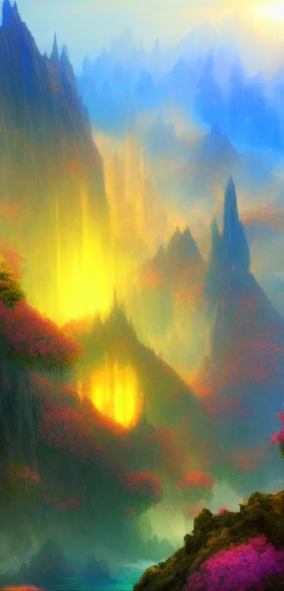 Vibrant fantasy landscape with glowing mountains and pink blossoms.