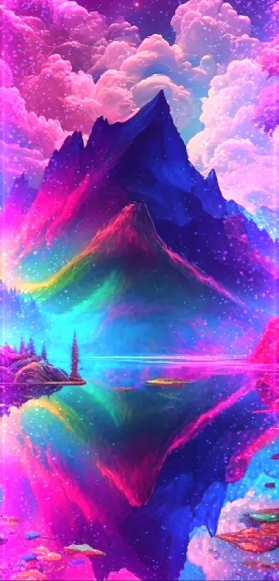 Colorful fantasy landscape with vibrant mountains and serene lakes.
