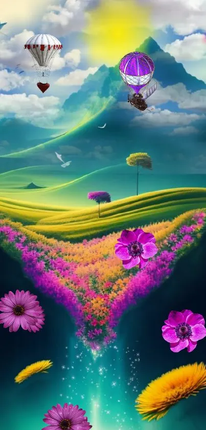 Vibrant fantasy landscape with colorful balloons and flowers.