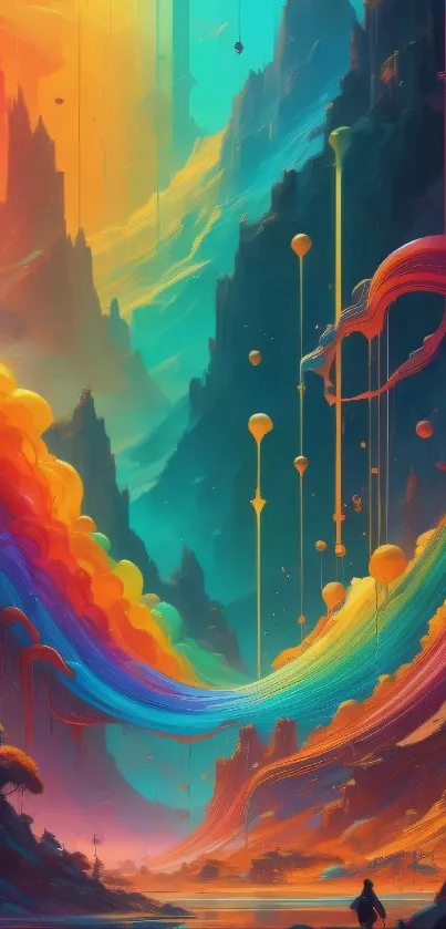 Vibrant fantasy landscape with colorful swirling patterns and mystical scenery.