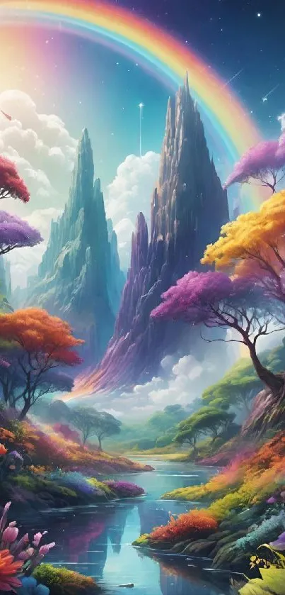 Fantasy landscape wallpaper with colorful trees and rainbow.