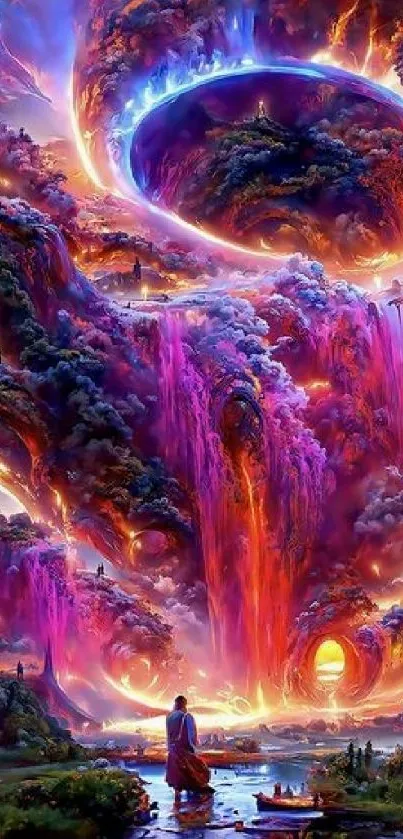 Vibrant fantasy landscape with waterfalls and glowing rings.