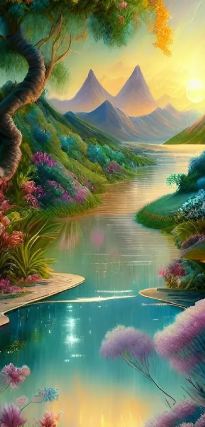 Fantasy landscape with vibrant colors and a serene river view.