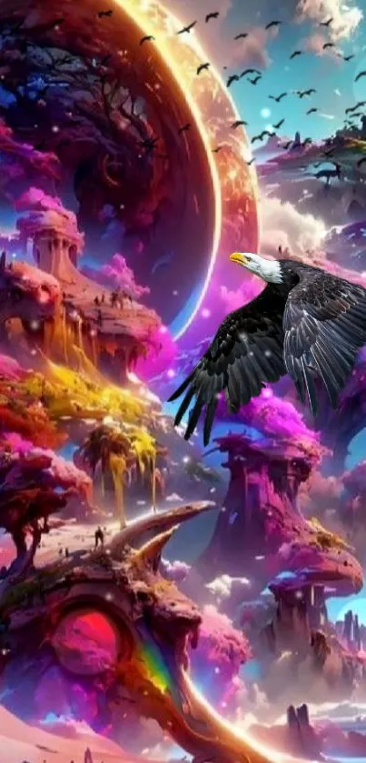 Fantasy landscape wallpaper with vibrant, colorful sci-fi scenery.