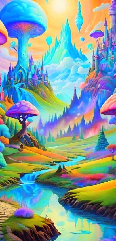 Vibrant fantasy landscape with colorful mushrooms and castles under a magical sky.