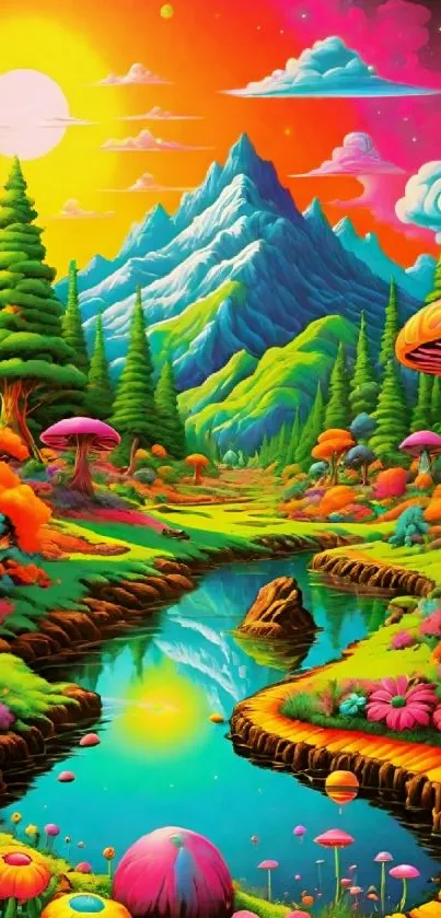 Vibrant fantasy mountain landscape with river and colorful sky.