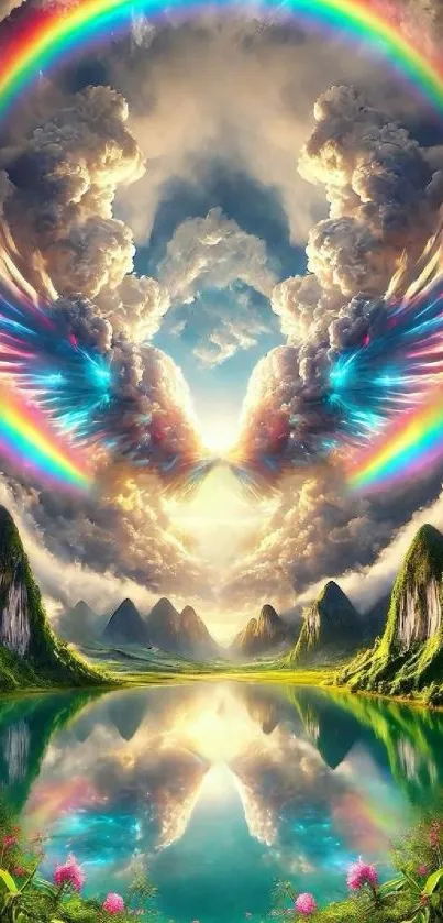 Vibrant fantasy landscape with rainbows and serene reflections.