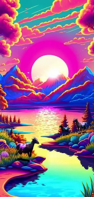 Vibrant fantasy landscape with colorful mountains and serene lake.