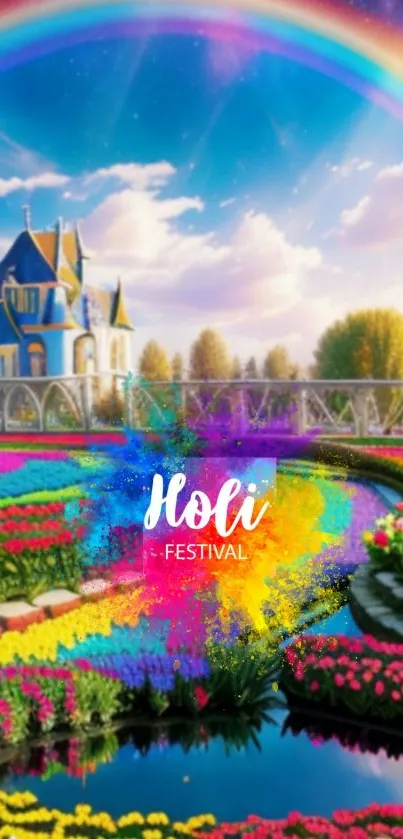Vibrant landscape with colorful flowers, castle and rainbow.