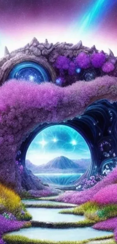 Fantasy landscape with purple foliage and mystical portal.
