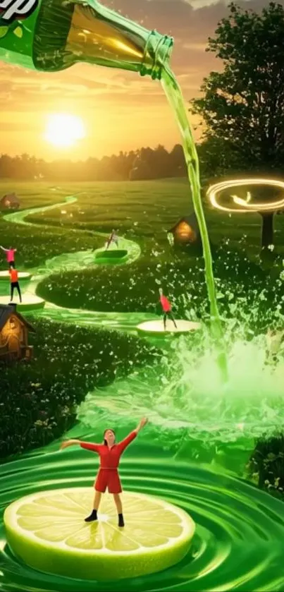 Fantasy landscape with lemonade river and miniature figures.