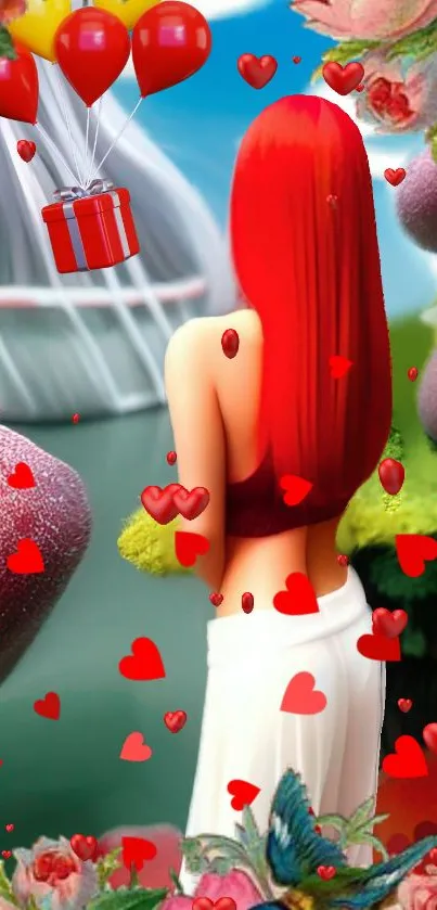 Vibrant fantasy scene with red hair, hearts.