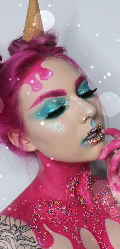 Fantasy-inspired makeup art with pink and blue tones in vibrant mobile wallpaper.