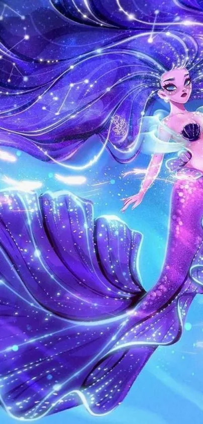 Fantasy mermaid art with glowing purple hues and vibrant details.