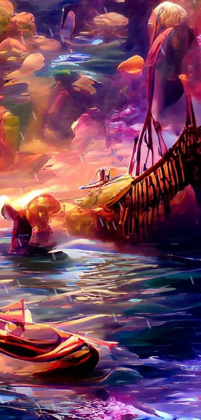 Vibrant abstract painting of a boat scene with colorful rocks and water.