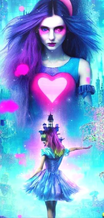 Fantasy character in neon vibrant colors with heart design on mobile wallpaper.