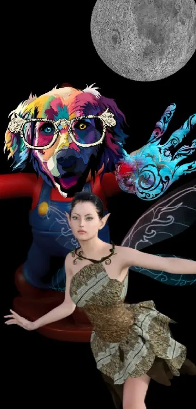 Vibrant fantasy wallpaper with a colorful dog, fairy, and moon in the background.