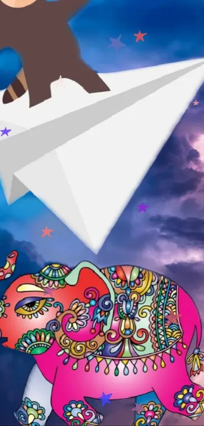 Fantasy wallpaper with colorful elephant and paper plane.