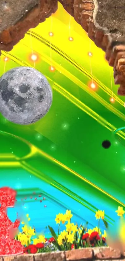 Vibrant fantasy wallpaper with moon, rainbow hues, and blossoming garden.