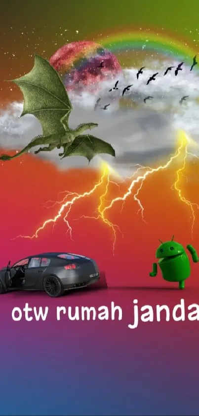 Vibrant wallpaper with dragon, car, and rainbow.