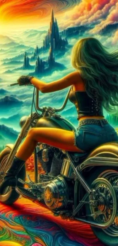 Woman on motorcycle amidst vibrant fantasy landscape.