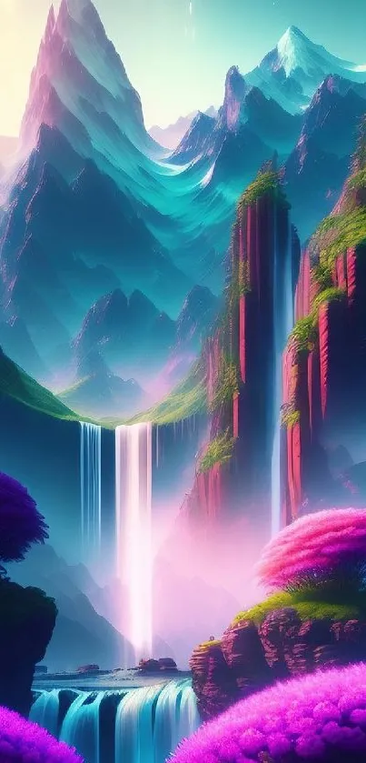 Vibrant fantasy mountain wallpaper with waterfalls and colorful flora.