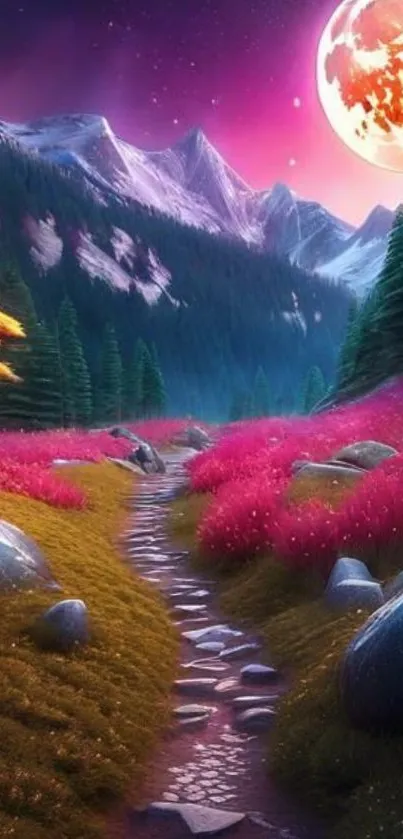 Fantasy mountain landscape with vibrant pink meadows and a glowing moon.